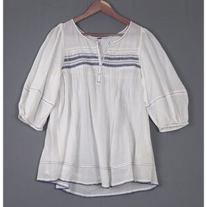 FREE PEOPLE Women's Dylan Smocked Tunic Blouse Boho Top White Blue Medium NWT
